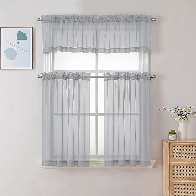 Chyhomenyc Light Grey Sheer Valances for Windows - Light Filtering Small Kitchen Curtains, Rod Pocket Short Top Window Treatment Decor for Living Room Bathroom Basement, 42Wx16L inches, 2 Panels