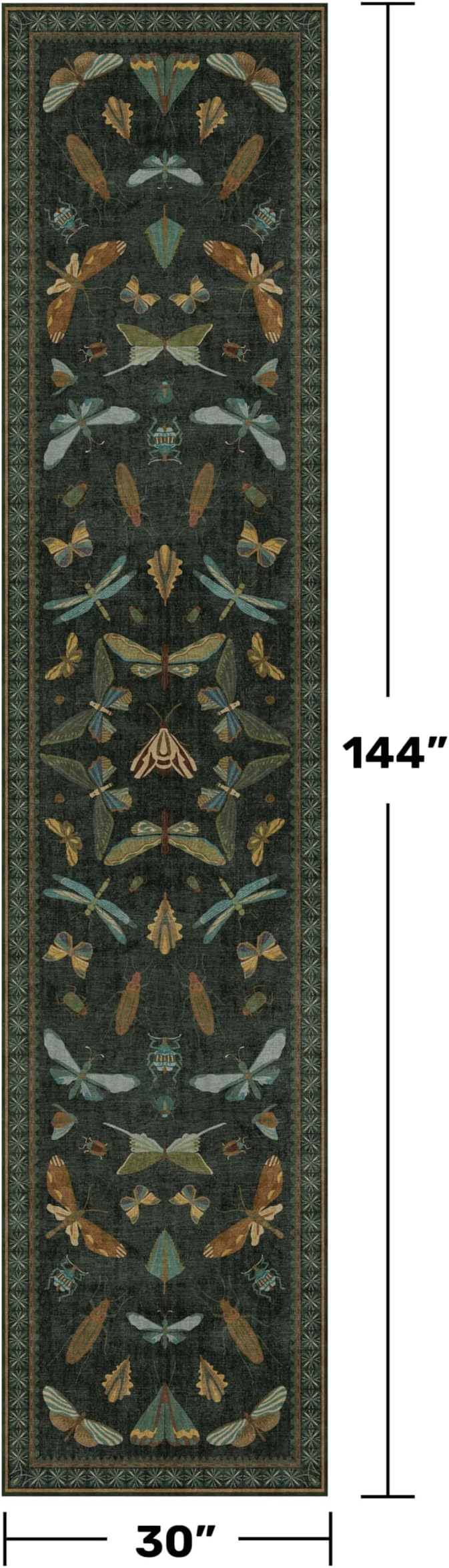 Dark Green 2'6"x12' Long Runner Rugs for Hallway - Boho Wide Washable Non Slip Rug for Indoor Entryway, Kitchen, Low Pile Vintage Whimsical Insect Moth Design, Stain Resistant Ultra Soft Carpet