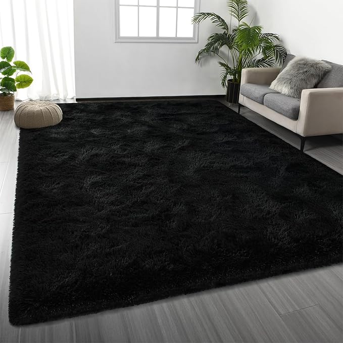 Deerhoo Large Shag Area Rugs 5 x 8, Plush Fuzzy Rugs for Living Room, Ultra Soft Fluffy Furry Rug for Bedroom, Indoor Carpet Nursery Rugs for Kids Room Home Decor, Black