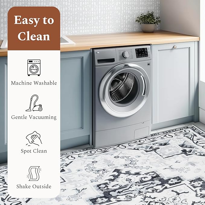 Rugflix 6x9 Area Rug for Living Room, Machine Washable Area Rugs with Non-Slip Backing, Large Soft Boho Vintage Rug for Bedroom, Dining Room, Low Pile Carpet, Kids Pet Friendly, Grey