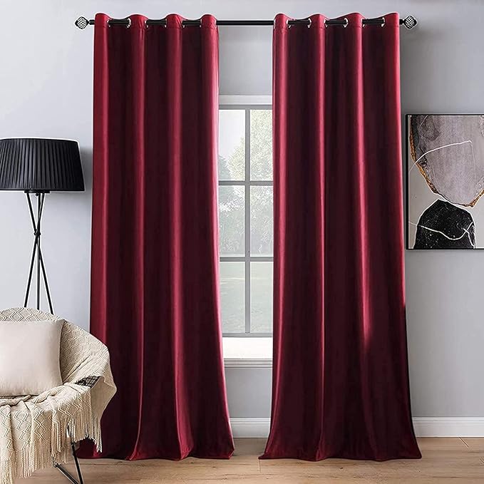 MIULEE Christmas Burgundy Velvet Curtains Solid Soft Red Blackout Curtain Grommet Top Thermal Soundproof Room Darkening Curtains/Drapes/Panels for Living Room Bedroom 52 x 90 Inch 2 Panels