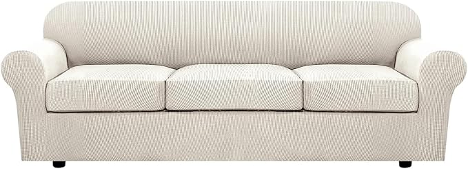 H.VERSAILTEX 4 Piece Stretch Sofa Covers for 3 Cushion Couch Covers for Living Room Furniture Slipcovers (Base Cover Plus 3 Seat Cushion Covers) Thicker Jacquard Fabric (Large Sofa, Ivory)
