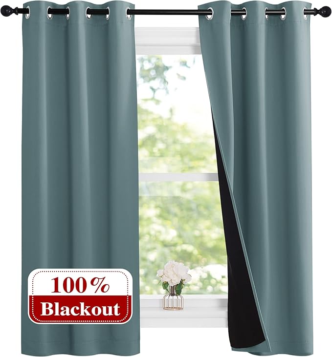 NICETOWN Aqua 100% Blackout Lined Curtains, 2 Thick Layers Narrow Wide Window Treatment Panels Thermal Insulated Drapes for Kitchen Small Window (1 Pair, 37" Width x 63" Length Each Panel)