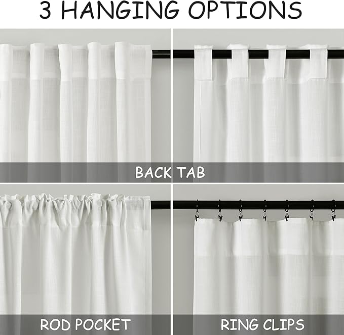 2 Panels Set Ivory Linen Curtains 105 Inches Long for Living Room Extra Long Back Tab Curtains Neutral Farmhouse Light Filtering Semi Sheer Linen Drapes Ceiling to Floor for Large Window