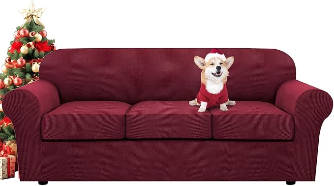H.VERSAILTEX 4 Piece Stretch Sofa Covers for 3 Cushion Couch Covers for Living Room Furniture Slipcovers (Base Cover Plus 3 Seat Cushion Covers) Upgraded Thicker Jacquard Fabric (Sofa, Burgundy)