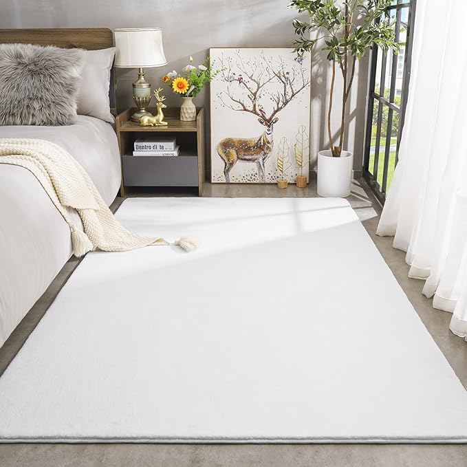 Amearea Modern Area Rugs for Bedroom Living Room, 4x6 Feet White Thickened Memory Foam Rug, Fluffy Indoor Washable Rugs Non Slip Minimalist Carpet for Kids Boys Girls Dorm Nursery Room Decor