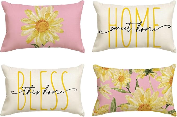 AVOIN colorlife Home Sweet Home Spring Summer Flowers Pink Throw Pillow Covers, 12 x 20 Inch White Cushion Case for Sofa Couch Set of 4