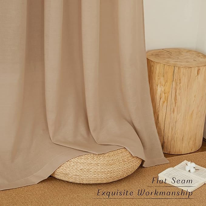 NICETOWN Flax Camel Linen Curtains for Room Divider, Grommet Top Thick Flax Semi Sheer Vertical Drapes Privacy Assured with Light Filtering for Sliding Glass Door, W68 x L96, 2 Pieces
