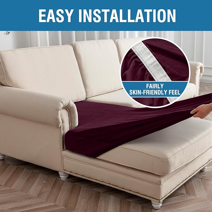 Couch Cover 3-Piece Elastic Velvet Couch Cushion Covers & Chaise Slipcovers for L-Shaped Sofas, Sofa Seat Covers Washable, Soft Cover for Couches (2 Seater + Chaise, Wine)
