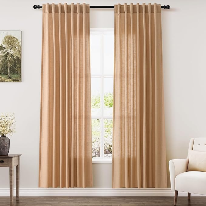 Nanspring Camel Linen Semi Sheer Curtains 72 Inches Long 2 Panels Set for Bedroom Rod Pocket Back Tab Light Filtering Privacy Drapes Cotton Textured Farmhouse Living Room Curtain 52X72 Inches