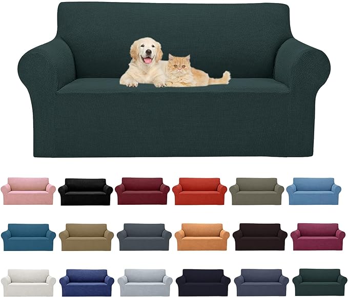 Cupuamon 2026 New Stretch Loveseat Sofa Slipcovers Couch Cover for 2 Cushion Furniture Protector Sofa Covers with Elastic Bottom Jacquard Fabric Small Checks for Pets, Kids - Hunter
