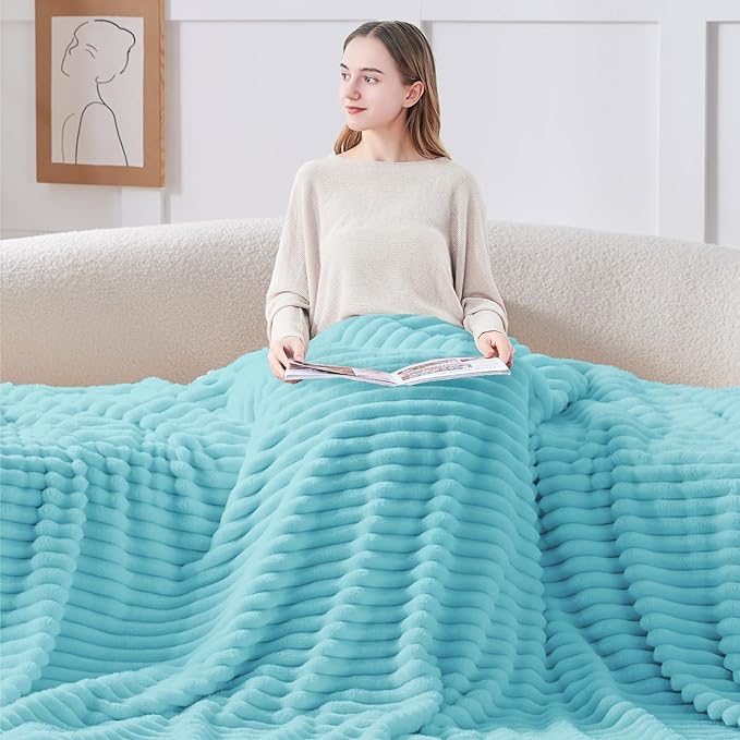 BEDELITE Twin Blanket for Couch & Bed, 300GSM Soft & Warm Fleece Blanket, Decorative and Giftable Striped Sky Blue Blankets for Women, Men, 60"x80"