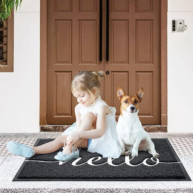 CozyBounty Door Mat Hello Mats Outdoor Indoor Non-Slip Doormat for Entryway Low-Profile Floor Mat for Yard, Garage, High Traffic Areas (36"x24", Black)