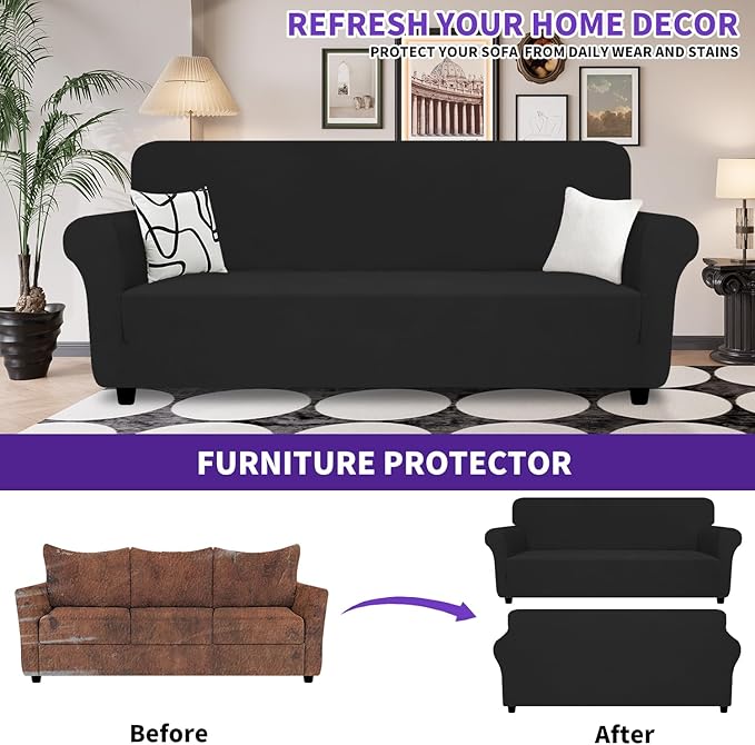 ZNSAYOTX Super Stretch Sofa Cover (72"-92"), New Striped Sofa Covers Fitted Slipcovers with Elastic Bottom, Dog Cat Pets Proof Spandex Washable Fabric Comfortable & Durable (Black, Sofa)