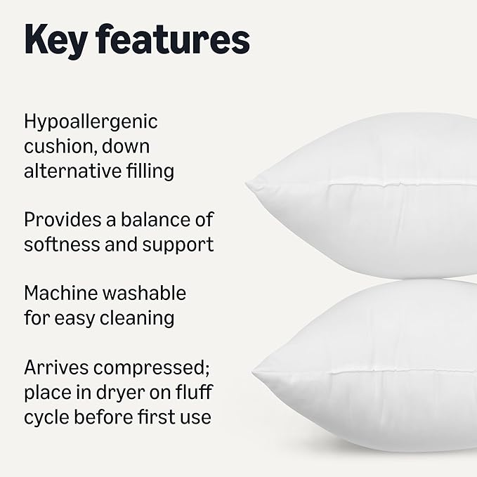 Amazon Basics Square Hypoallergenic Pillow Insert, Sofa Bed Couch Decorative Stuffer, 18", 4 Pack