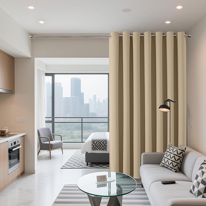 Joydeco Blackout Patio Sliding Door Curtains 84 Inches Long, Grommet Privacy Room Divider Curtains, Extra Wide Thermal Blackout Drapes for Bedroom Living Room (Light Beige, 100Wx84L, 1 Panel)