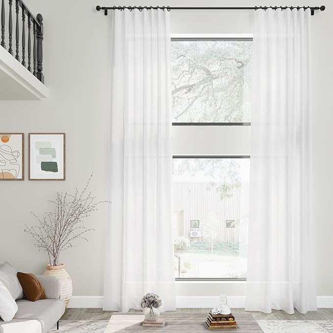Nanspring White Linen Curtains 90 Inches Long for Bedroom Back Tab Light Filtering Privacy Sheer Curtain Modern Farmhouse Coastal Decor White Cotton Textured Gauze Curtain 2 Panel Set 70x90
