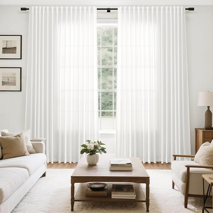 Extra Wide 100 Inch Linen Curtains for Living Room Divider Light Filtering Semi Sheer Back Tab Patio Curtains for Sliding Door Off White Coastal Decor Sunroom Floor to Ceiling Window Curtain 100x84