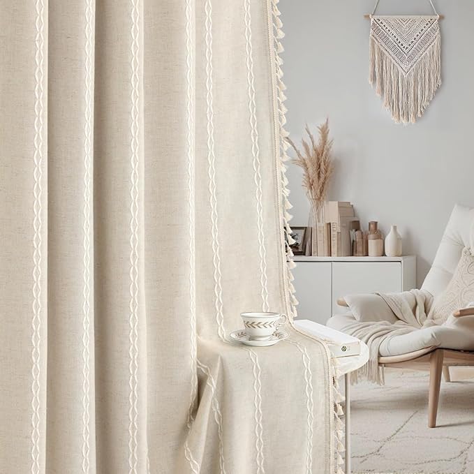 Boho Blackout Curtains 96 Inches Long Beige Linen Blend 2 Panels with Tassels and Cotton Embroidery, Farmhouse Vintage Rustic Rod Pocket Drapes for Living Room or Bedroom