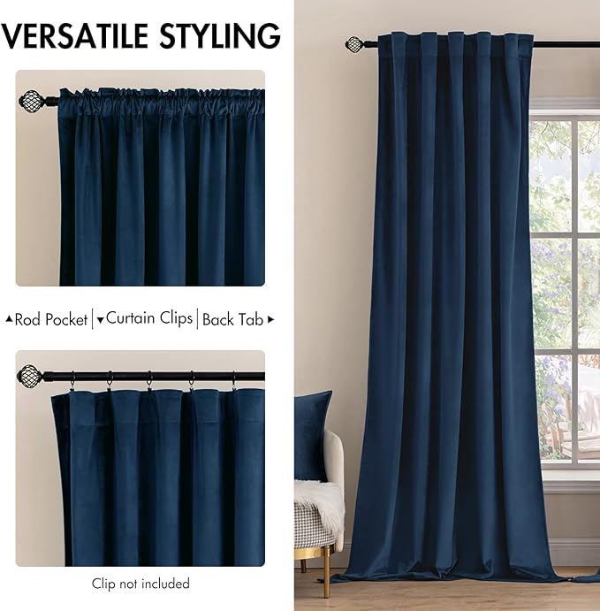 MIULEE Navy Blue Velvet Curtains 96 inches - Luxury Blackout Curtains for Bedroom Living Room Thermal Insulated Super Soft Window Drapes Rod Pocket & Back Tab, W52 x L96 inches, 2 Panels