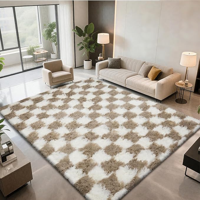 Large Shag Area Rug for Bedroom, 9x12 Ft Beige and White Area Rug Classic Checkered Shaggy Anti-Skid High Pile Soft Fluffy Rug Fuzzy Carpet for Living Room Bedroom Kids Room Nursery, Dorm Home Decor