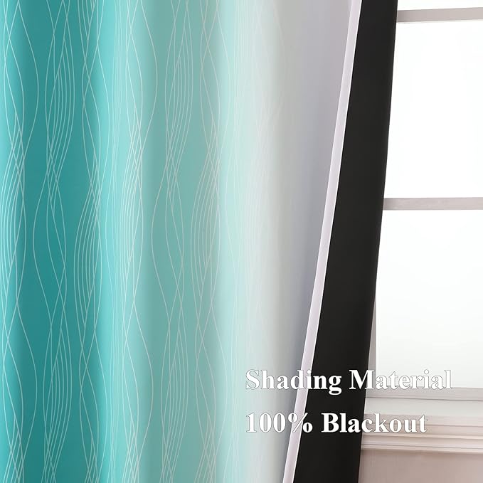 Estelar Textiler Teal and Greyish White Blackout Curtains 45 Inch Length, Light Blocking Gradient Drapes for Kitchen, Thermal Insulated Grommet Ombre Curtains for Bathroom,42Wx45L,2 Panels