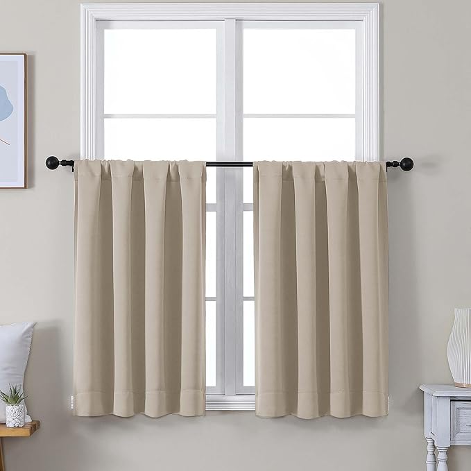Simplebrand Ava Biscotti Beige Short 36 Inches Blackout Curtain 2 Panels Set, Half Window Rod Pocket Privacy Curtain Tiers for Kitchen, Curtains Blackout for Bathroom Shades, W40 x L36 Inch