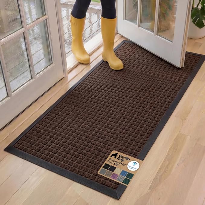 GORILLA GRIP 100% Waterproof All-Season WeatherMAX Doormat, 60x24, US Designed Natural Rubber, Stain and Fade Resistant, Low Profile Indoor Outdoor Door Mats, Easy Clean Patio Mat, Coffee Squares