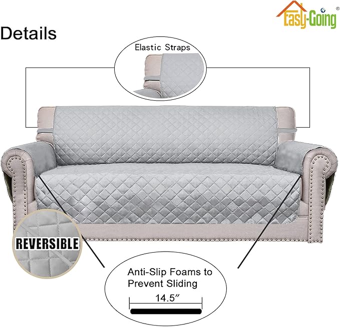 Easy-Going Reversible Couch Cover for 3 Cushion Couch Sofa Cover for Dogs Water Resistant Furniture Protector Cover with Foam Sticks Elastic Straps for Pet Cat (Sofa, Light Gray/Light Gray)