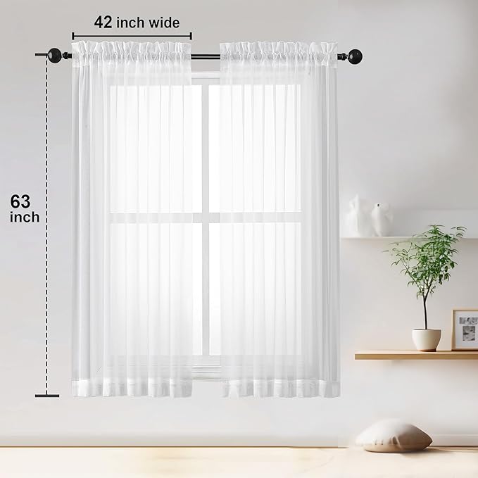 OWENIE Sheer White Curtains, Sheer Curtains 63 inch Length 2 Panels Set, Rod Pocket Voile Fimly Sheer Drapes for Living Room/Bedroom, 2pcs, Each 42" W x 63" L
