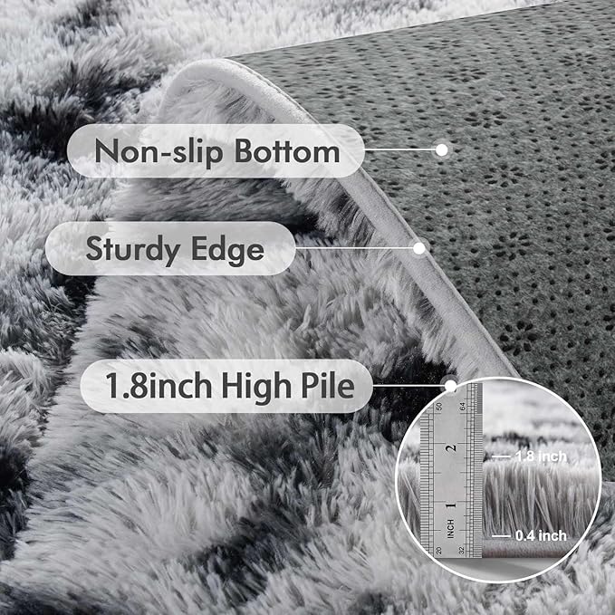 4x6 Ft Shag Area Rug for Bedroom Living Room, Tie-Dyed Ultra Soft Fluffy Furry Rugs for Indoor Floor, Aesthetic Carpet for Kids Home Decor (Black White)