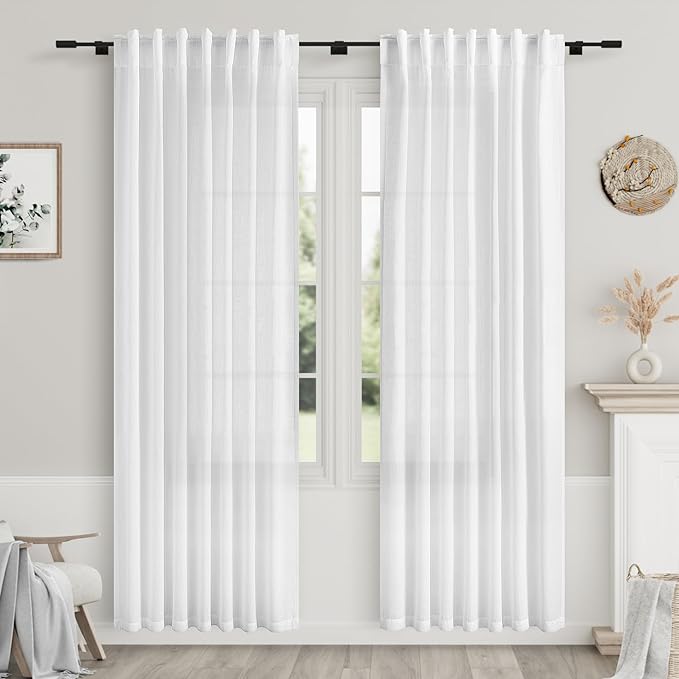 Nanspring White Linen Back Tab Curtains 85 Inch Length for Living Room 2 Panels Set Back Tab Rod Pocket Curtain Neutral Modern Farmhouse Window Curtain Privacy Semi Sheer Linen Drapes 52x85