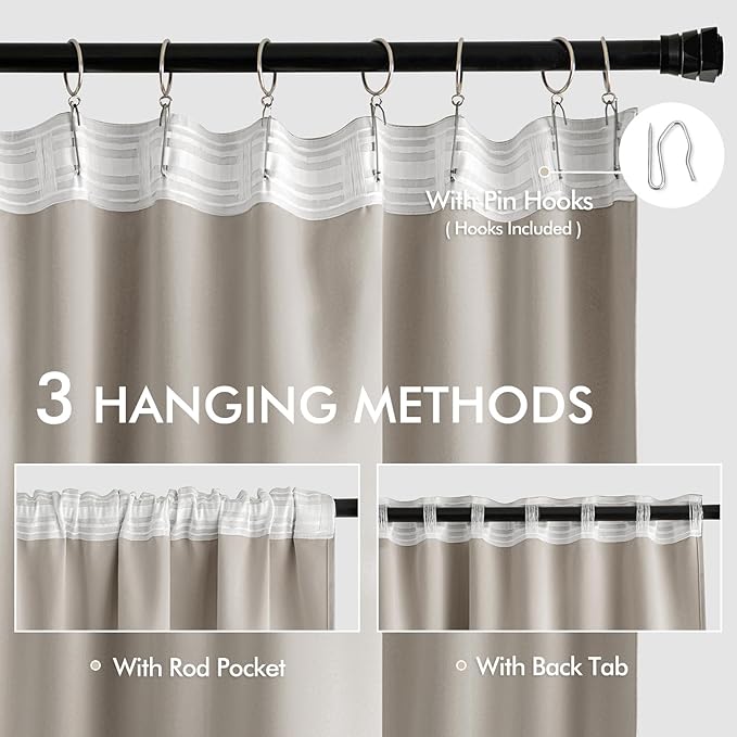 MIULEE Natural Back Tab Blackout Curtains 63 Inch Length 2 Panels Set for Living Room Bedroom Privacy, Rod Pocket/Pinch Pleat Thermal Insulated Room Darkening Pleated Light Blocking Drapes
