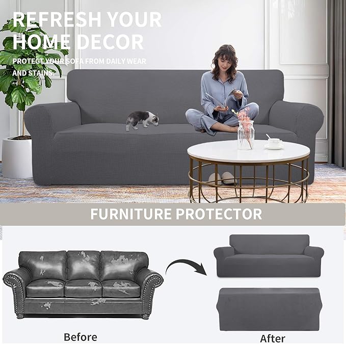 Easy-Going Stretch Loveseat Slipcover 1-Piece Sofa Cover Furniture Protector Couch Soft with Elastic Bottom for Kids Polyester Spandex Jacquard Fabric Small Checks (Loveseat, Grey)