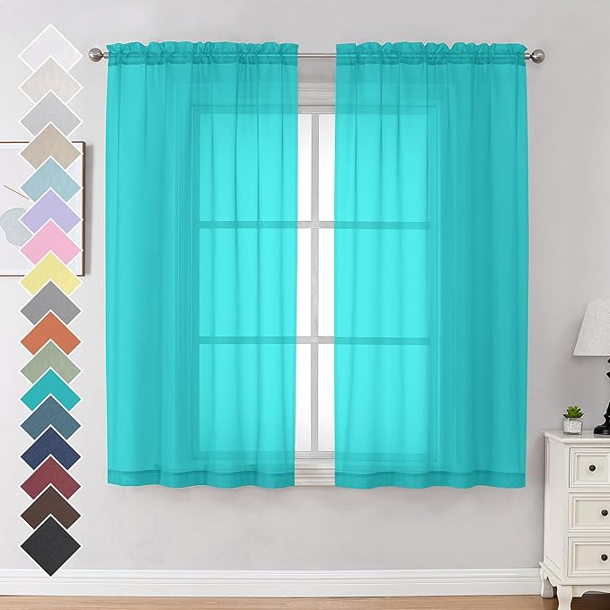 OVZME Turquoise Sheer Curtains 63 Inches Length 2 Panels, Light Filtering Treatment Window Drapes for Living Room Bedroom, Each 42Wx63L