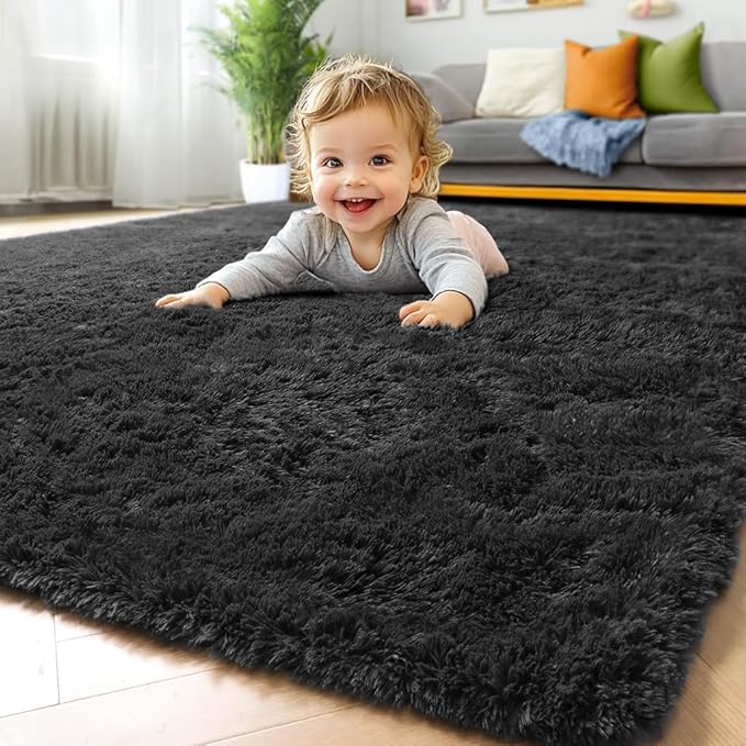 ONASAR Black Rugs for Bedroom, 3x5 Fluffy Bedside Small Area Rug, Soft Plush Fuzzy Shaggy Indoor Floor Carpet for Living Room Nursery College Dorm Teen Kids Girls Boys Home Decor Aesthetic