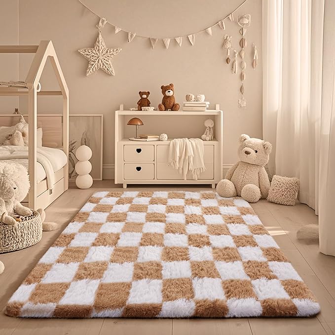 Ophanie Checkered Beige & White Rug for Living Room Bedroom, Fluffy Soft Cute Fuzzy Area Rugs, Shag Plush Shaggy Bedside Floor 4x6 Furry Carpet for Kids Baby Teen Dorm Nursery Home Decor Aesthetic
