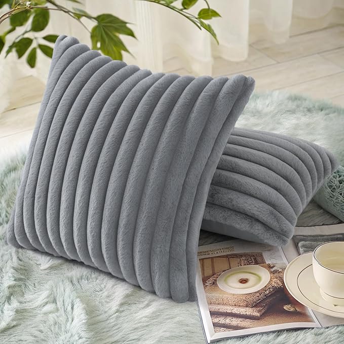decorUhome Cozy Faux Fur Throw Pillow Covers 26x26 Set of 2 Decorative Soft Plush Striped Modern Farmhouse Boho Couch Euro Sham Pillow Cases with Velvet Back for Sofa Bed Living Room, Grey