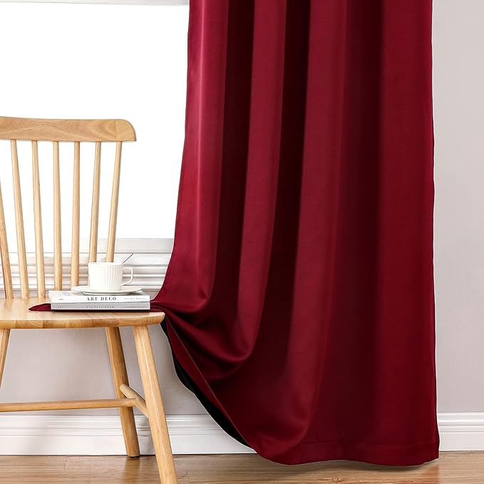 ChrisDowa 100% Blackout Curtains for Bedroom with Black Liner, 2 Thick Layers Total Blackout Thermal Insulated Grommet Window Curtains 2 Panels Set (Burgundy, 52 x 54 Inch)