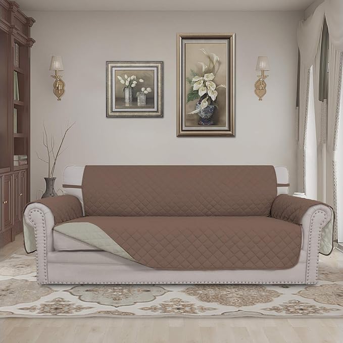 Easy-Going Reversible Couch Cover for 3 Cushion Couch Sofa Cover for Dogs Water Resistant Furniture Protector Cover with Foam Sticks Elastic Straps for Pet Cat (Sofa, Brown/Beige)