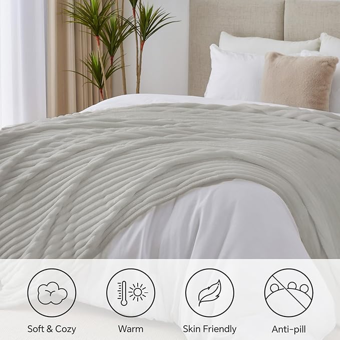 BEDELITE King Size Blanket for Bed, 300GSM Soft & Warm Fleece Blanket, Decorative and Giftable Striped Light Grey Blankets for Women, Men, 108"x90"