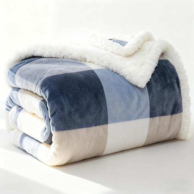 PU MEI Sherpa Throw Blanket for Couch Sofa 50“*60”-Fuzzy Soft Cozy Fleece Thick Warm Blanket for Winter, Soft Throws Plush Fluffy Lattice Flannel Blankets (Grey-Soft Blue)