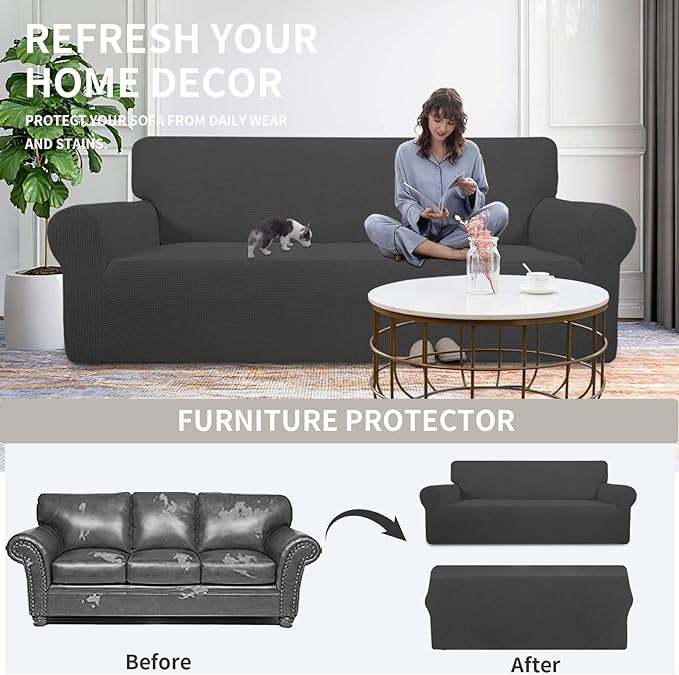 Easy-Going Stretch Oversized Chair Sofa Slipcover 1-Piece Couch Sofa Cover Furniture Protector Soft with Elastic Bottom for Kids Spandex Jacquard Fabric Small Checks Dark Gray