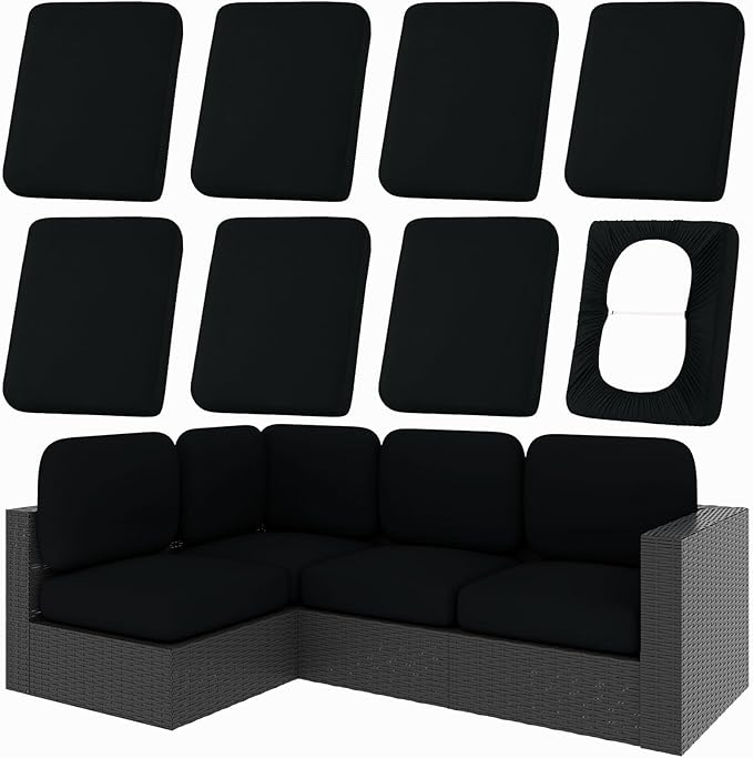 hyha 8Pcs Patio Cushion Covers, Stretch Outdoor Couch Cushion Covers Replacement, Washable Outdoor Chair/Sofa Slipcovers for Patio Furniture Cushions Protector with Elastic Bottom(Black,Cover Only)