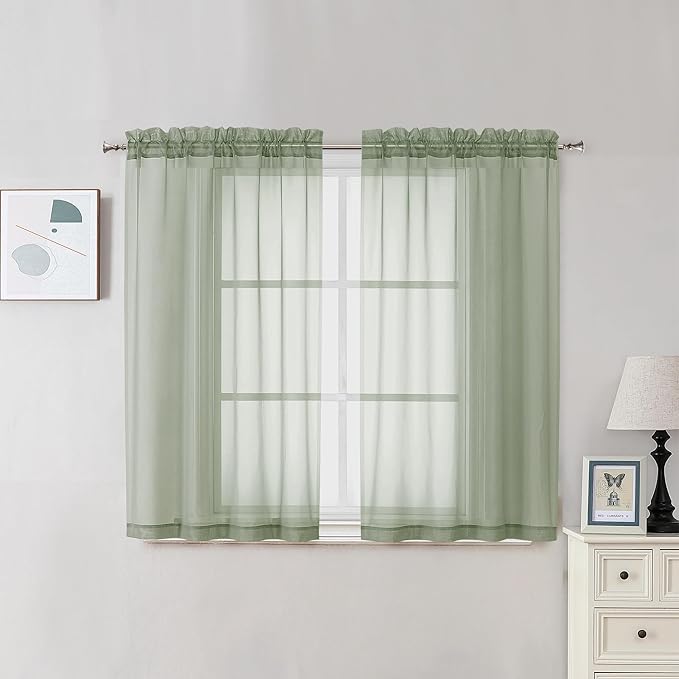 OVZME 2 Panels Window Sage Green Sheer Curtains 42" x 45" Inches for Small Windows, Soft Touching Top Dual Rod Pocket Drapes for Living Room & Bedroom