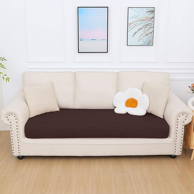 hyha Milk Silk Couch Cushion Covers, Soft Magic Sofa Covers Washable for 3 Cushion Couch, Stretch Sectional Outdoor Cushion Covers for Patio Furniture with Elastic Bottom(Large, Chocolate)