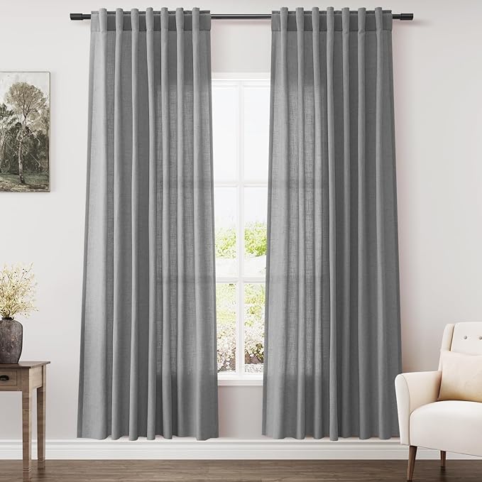 Nanspring Dark Grey Semi Sheer Curtains 72 Inches Long 2 Panels Set for Bedroom Privacy Back Tab Rod Pocket Light Filtering Drapes Cotton Linen Textured Farmhouse Living Room Curtain 52X72 Inches
