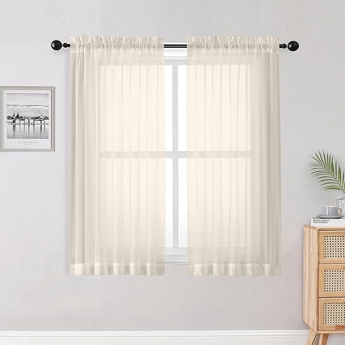 OWENIE Sheer Curtains 54 inches Long 2 Panles for Living Room Bedroom Small Windowm, Rod Pocket Light Filtering Voile Sheers Drapes, 42" W x 54" L, Cream