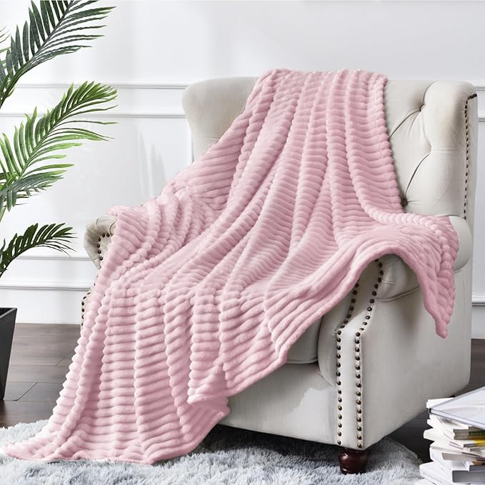 BEDELITE Fleece Blanket Twin Size – 3D Ribbed Jacquard Soft and Warm Decorative Fuzzy Blankets – Cozy, Fluffy, Plush Lightweight Throw Blankets for Couch, Bed, Sofa(Cherry Blossom, 60x80 inches)