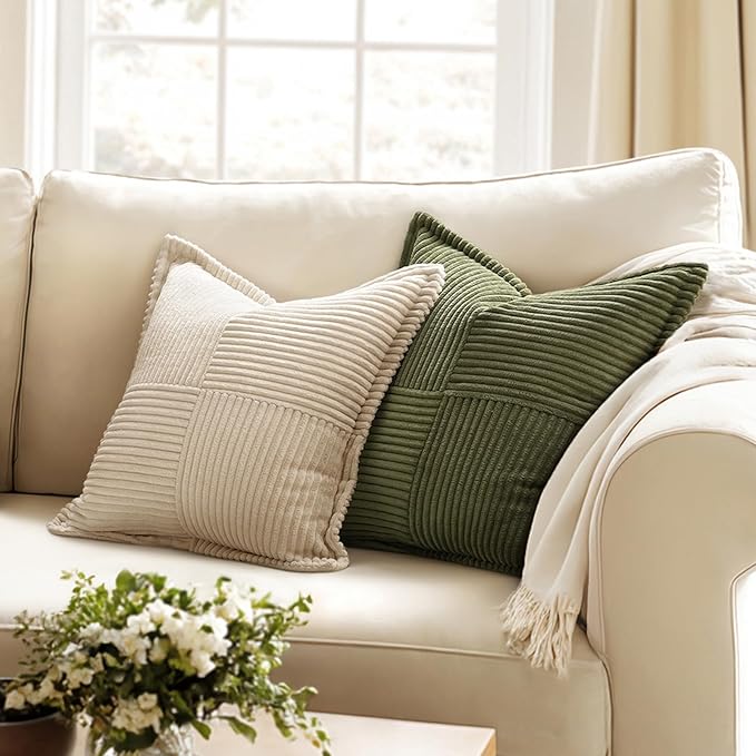 MIULEE Spring Decorative Throw Pillow Covers for Couch Bed Livingroom 20x20 Inch Set of 2 Olive Green Boho Accent Throw Pllows Broadside Striped Patchwork Soft Corduroy Summer Pillowcases